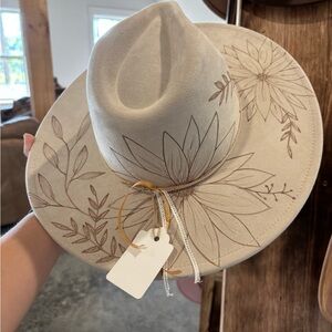 Floral Hand Burned Cream Hat